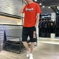 Men's summer casual tracksuit with red round neck T-shirt and black shorts in street style - M / Red