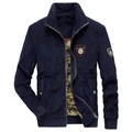 Herren Cordjacke in Navyblau mit Stehkragen, Stickerei-Patches und Camouflage-Futter - M / Königsblau