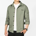 Slim fit long sleeve cargo shirt for men in olive green with fashion chest embroidery - M / Bean Green
