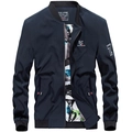 Men's casual navy blue baseball collar jacket with full zipper and outdoor graphic prints - M / Black and Blue