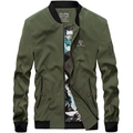 Men's olive green bomber jacket with black ribbed trim and colorful camo lining - M / Light Army Green