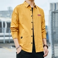 Men's mustard yellow long-sleeve work shirt with dual pockets and loose-fit cotton texture - M / QINGLIAN Patch Style - Yellow (8826)