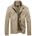 Men's casual khaki stand collar jacket with checkered lining and utility pockets - M / Light Khaki