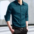 Slim fit men long sleeve shirt in deep teal blue featuring chest pockets and classic collar - M / Lake Blue