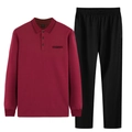 Men's casual tracksuit with burgundy long sleeve polo shirt and black trousers - L / Round Neck Style (9981) / Burgundy