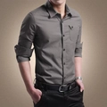 Men's slim fit long sleeve cotton shirt in dark olive grey with a single chest pocket - M / Military Gray