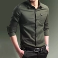 Army green slim fit men's cotton shirt with long sleeves and flap chest pocket - M / Army Green