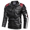 Men's faux leather biker jacket with red and white contrast stripes and fleece lining - L / Black