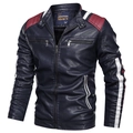 Men's faux leather motorcycle jacket with red quilted shoulders and white sleeve stripes - L / Blue
