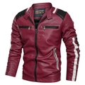 Men's burgundy PU leather biker jacket with black quilted patches and white racing stripes - L / Burgundy