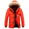 Men's bright orange winter hooded parka with thick fur collar and outdoor sport logo - M / Orange Red