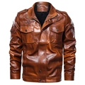 Men's vintage dark brown washed PU leather jacket with military pockets and zip details - M / Brown