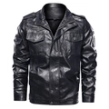 Men's black washed PU leather hooded jacket with military patches and multiple pockets - M / Black