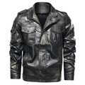 Classic black vintage faux leather motorcycle jacket with embroidered chest badges - M / Army Green