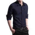 Slim fit long sleeve navy blue men's cotton shirt with chest pocket and roll-up sleeves - 6XL / Dark Blue