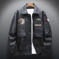 Men's faux leather pilot jacket with military embroidery and classic turn-down collar - M / Black