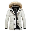 Parka invernale bianco da uomo con bordo in ecopelliccia marrone e tasche stile cargo - M / Avorio