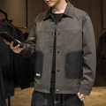 Herren Frühlingsjacke aus dunkelgrauer Baumwolle mit Denim-Patchwork-Details im Workwear-Stil - M / Graugrün