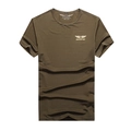 Army green casual men's t-shirt in loose fit with gold wing chest emblem detail - XL / Green
