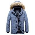 Men's heavy hooded parka jacket in grey-blue with warm faux fur trim and multi-pocket utility - M / Grey Blue