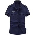 Camicia militare in cotone blu navy a maniche corte con tasche sul petto e spalline - M / Blu Reale