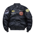Men's MA1 black bomber jacket featuring military embroidery patches and baseball collar - M / Black