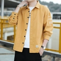 Men's casual long-sleeved ginger yellow cotton work shirt with letter print and pockets - M / Double Pocket Print Style - Yellow (8823)