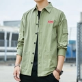 Men's olive green long-sleeve utility shirt with lapel collar and chest logo detail - M / QINGLIAN Patch Style - Army Green (8826)