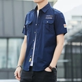Men's navy short sleeve utility shirt with double chest pockets and stylish patches - M / Dark Blue