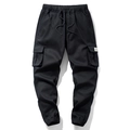 Men's black cargo joggers featuring drawstring elastic waist and side flap pockets - M / Black