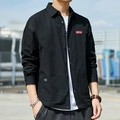 Men's autumn casual black cotton long sleeve work shirt jacket with red letter patch - M / QINGLIAN Patch Style - Black (8826)