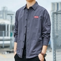 Men's dark grey blue cotton long sleeve cargo shirt with pockets and letter print - M / QINGLIAN Patch Style - Grey (8826)