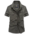 Camicia militare da uomo verde oliva scuro a maniche corte con tasche a patta e ricamo fine - S / Verde Militare