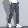 Men's dark gray cotton cargo joggers with drawstring waist and red zipper detail - 666 Gray / 29