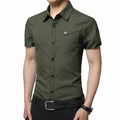 Men's slim fit short sleeve military green cotton shirt with flap chest pocket - M / Army Green