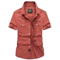 Camicia da lavoro da uomo rosso mattone a maniche corte con revers e doppie tasche - S / Rosso Arancio