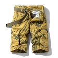 Yellow camouflage cargo shorts for men with multi-pockets and a matching canvas belt - EU 28 / Khaki (B2041)