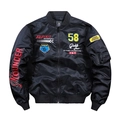 Men's black MA1 bomber jacket featuring embroidered motorsport racing patches and zip pocket - M / Black 58 Racing Style