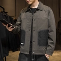 Herren Retro-Cargo-Jacke in Dunkel-Khaki mit Patchwork-Taschen und Knopfleiste - M / Graugrün (JK3560)