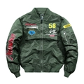 Men's army green MA1 flight bomber jacket with embroidered patches on white background - M / Army Green 58 Racing Style