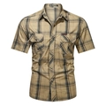 Camisa de hombre a cuadros caqui de manga corta en algodón con bolsillos dobles y automáticos - M / Caqui