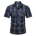 Camisa de hombre de algodón a cuadros de manga corta con dos bolsillos en azul y amarillo - M / Azul oscuro