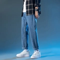Vaqueros rectos para hombre en azul claro con dobladillo vuelto y corte holgado casual - S / Azul Medio & Blanco