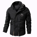 Men's black hooded outdoor jacket with mountain badge and utility arm pocket - M / Black
