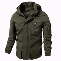 Olive green hooded jacket with utility cargo pockets and elastic cuffs for outdoor leisure - M / Green