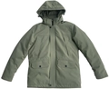 Dettaglio del parka con cappuccio verde oliva con coulisse, tasche e chiusura a zip antivento - M / Verde Militare