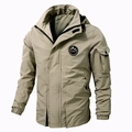 Men's khaki hooded outdoor jacket with mountain logo print and tactical sleeve pocket - M / Khaki