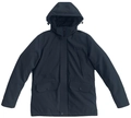 Vista dettagliata della giacca con cappuccio blu navy con quattro tasche e patta antivento - M / Blu scuro