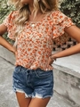 Detail of floral chiffon blouse with ruffled sleeves and frayed high-waisted denim shorts - S / Rose Red