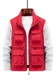 Men's outdoor multi-pocket cargo waistcoat in vibrant red with high-neck zip closure - M / Red